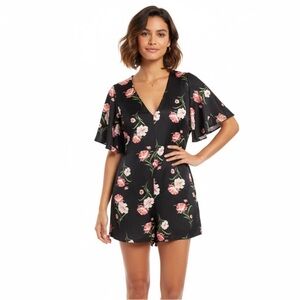 CHELSEA28 Black Romper with Pink Floral Design